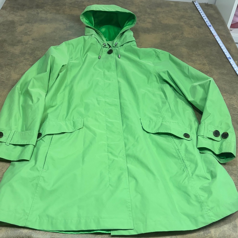 Lands End Raincoat Womens XL Green Hooded Button Front Water Resistant 1227